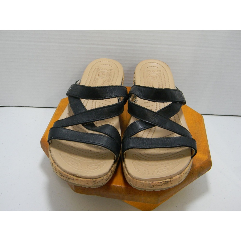 Crocs Black Leather Strappy Cork Wedge Sandals Women's Size 6 Comfort Slide